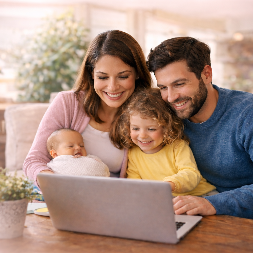 Home Happy family with newborn and toddler browsing smart parenting tips on iSmart Parenting Hub
