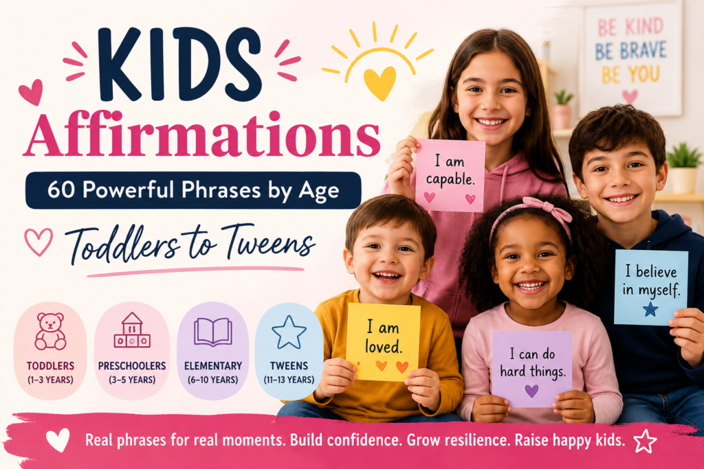 Colorful blog feature image for kids affirmations showing four smiling children holding affirmation cards with phrases like “I am capable” and “I can do hard things.” The design includes pastel colors, playful doodles, and text reading “Kids Affirmations: 60 Powerful Phrases by Age — Toddlers to Tweens.”