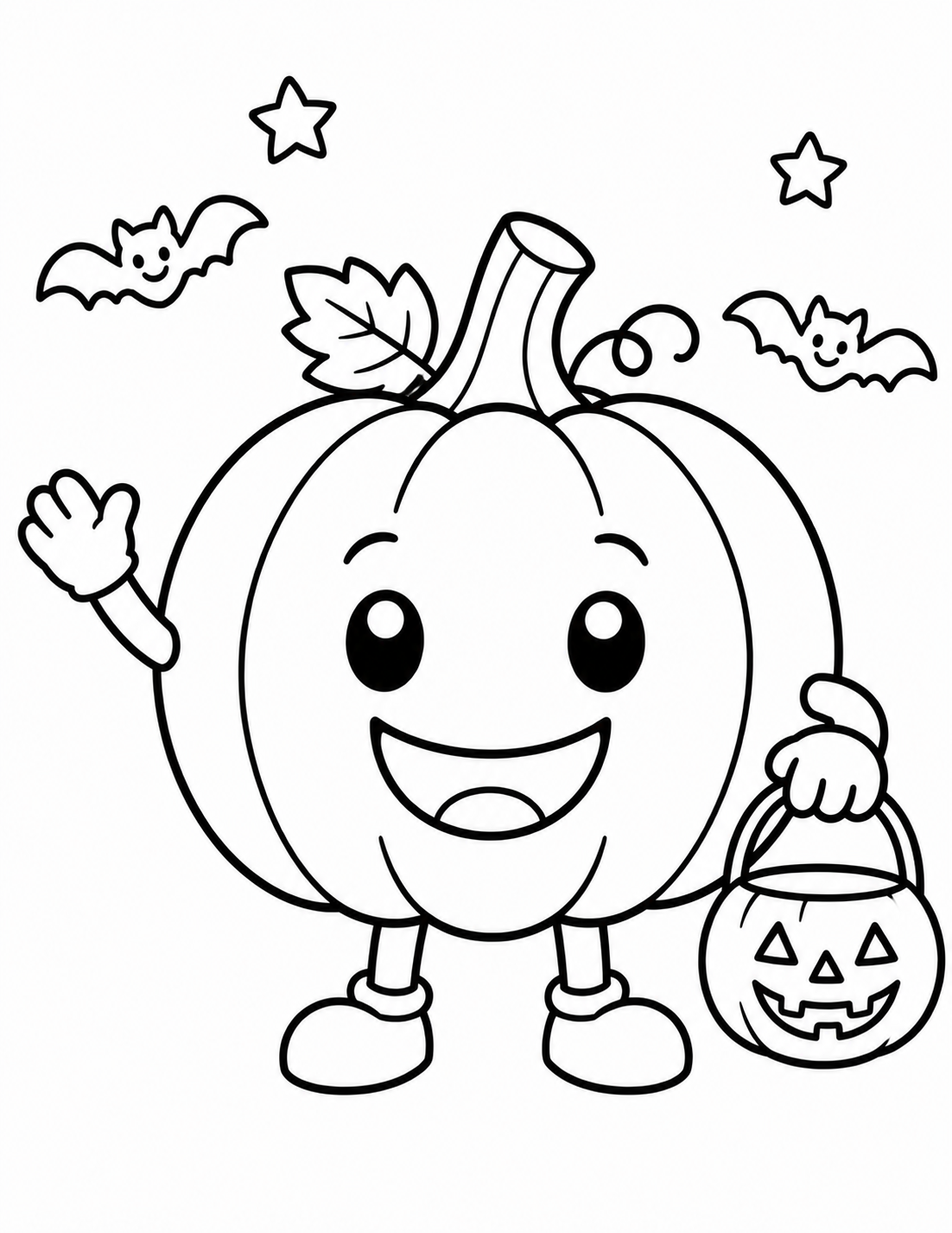 Cute pumpkin character coloring page holding a Halloween trick-or-treat bucket
