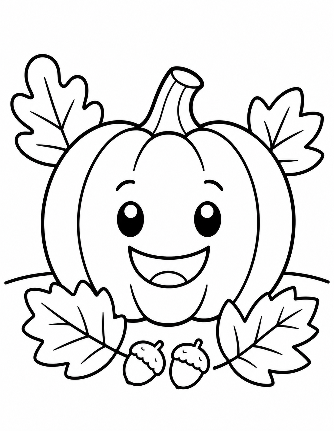 Cute pumpkin coloring page with fall leaves and acorns for kids