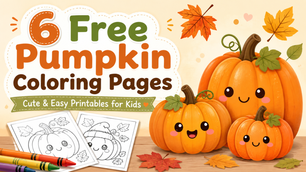 6 free pumpkin coloring pages for kids with cute smiling pumpkins and printable coloring sheets
