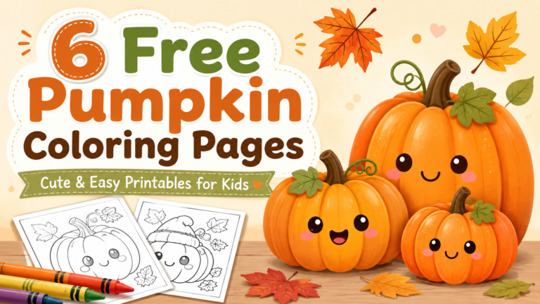6 free pumpkin coloring pages for kids with cute smiling pumpkins and printable coloring sheets
