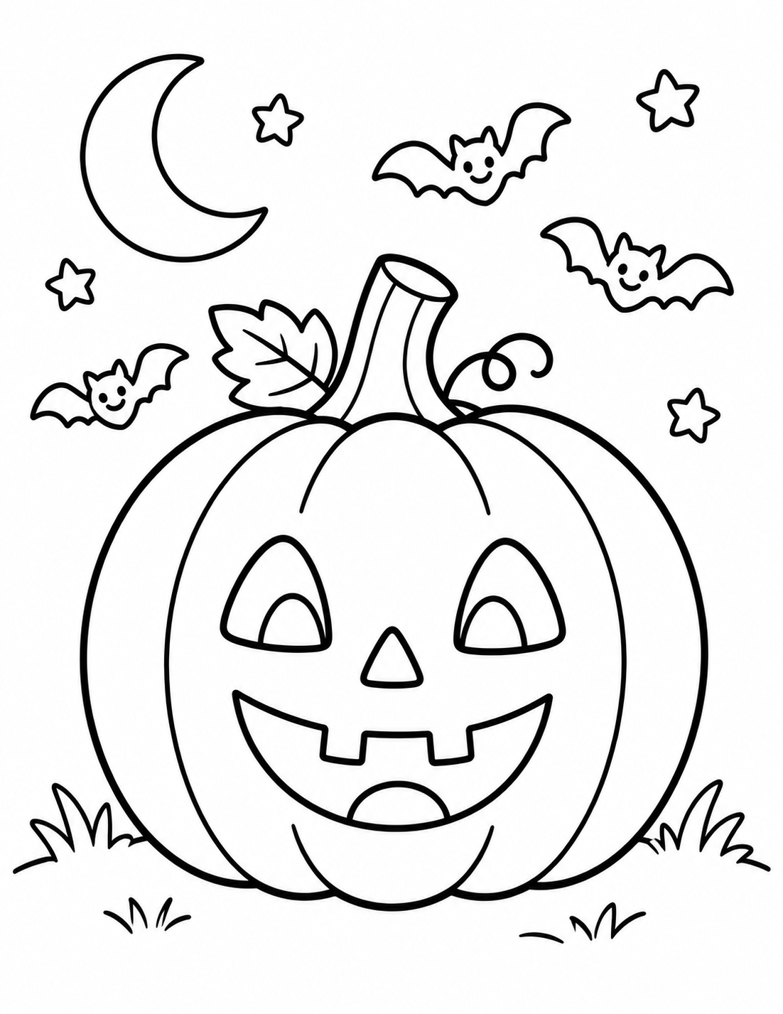 Friendly jack-o-lantern coloring page with bats, moon and stars for kids