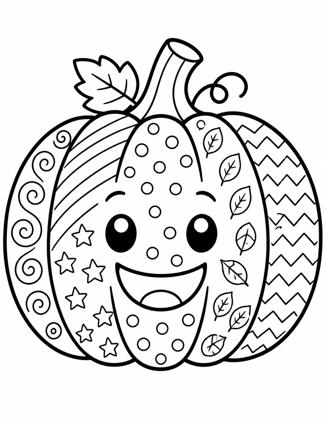 Detailed pumpkin coloring page with stars, stripes, dots, leaves and simple patterns