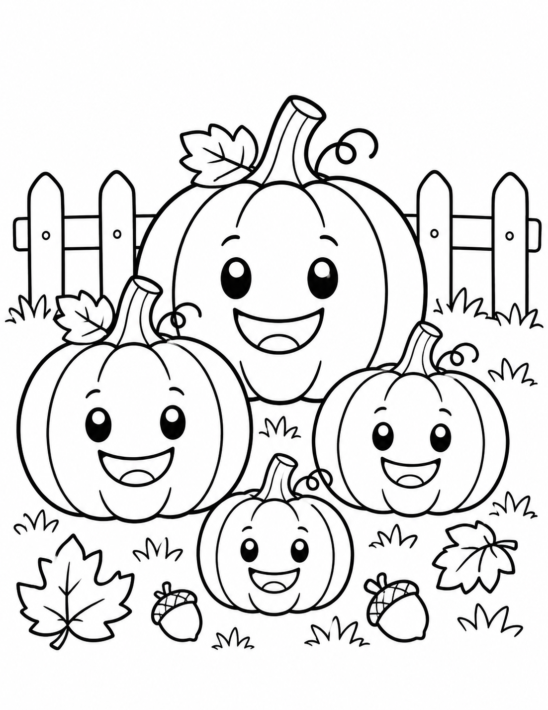 Pumpkin patch coloring page with pumpkins, fence, grass and fall leaves
